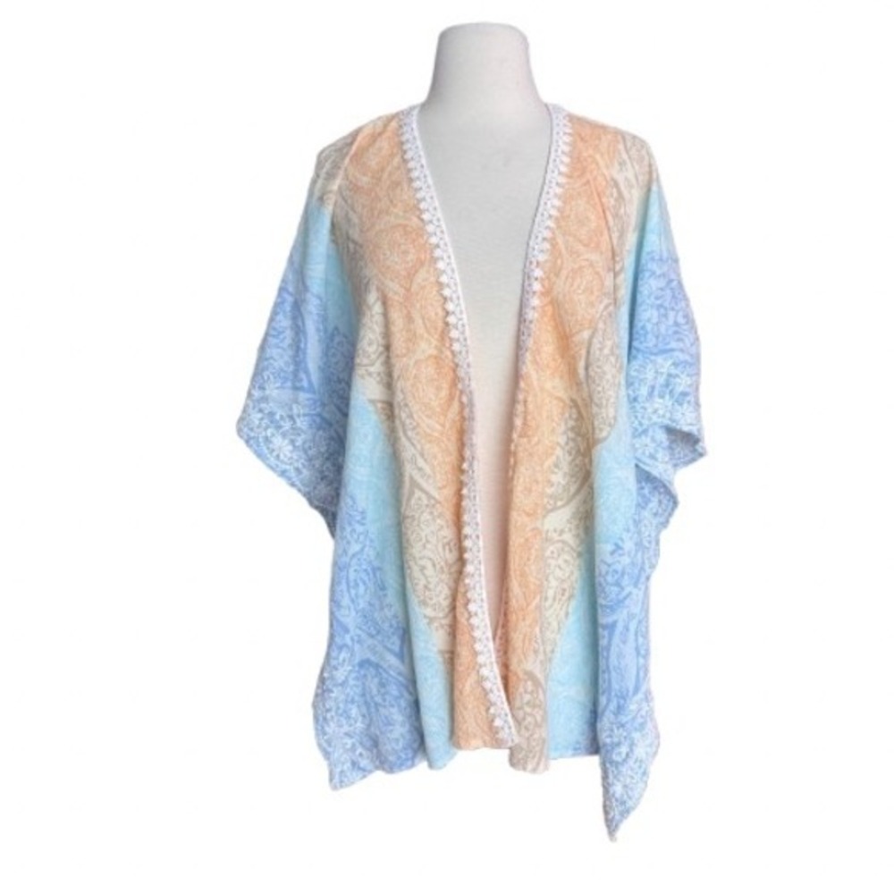 Chico's‎ Small/Medium Pastel Embroidered Lace Trim Kimono Beachy Spring Summer